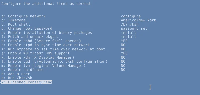 the aforementioned config menu, including options to configure the network, timezone, root shell, root password, install binary packages, install pkgsrc (source-based packages), enable or disable some common daemons, add a user, drop to a shell, or exit.