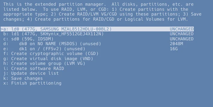 the aforementioned partition manager, showing a list of my system's connected disks and their partitions, as well as options to create a cryptographic volume (cgd), virtual disk image (vnd), volume group (lvm vg), or software RAID, update the device list, save any made changes, and finish partitioning.