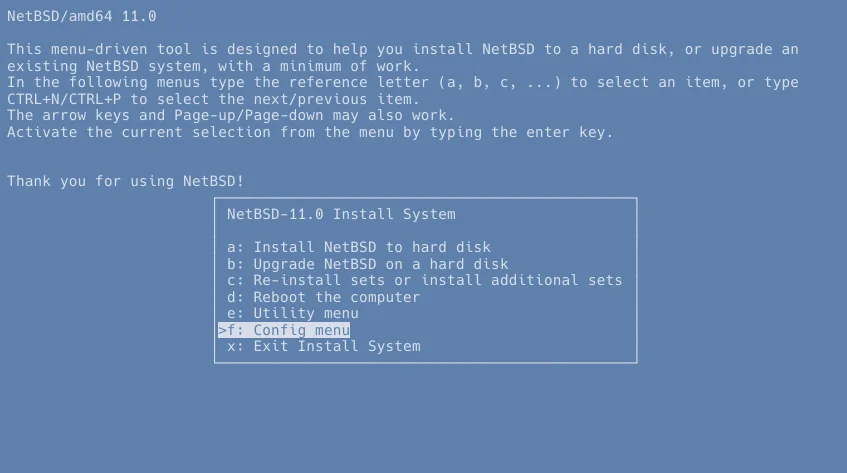 NetBSD/amd64 11.0's menu-driven install tool, showing its main menu. it is being run from a fully installed NetBSD system, not the installer image. out of the listed options, the "config menu" option, second to last, is chosen.